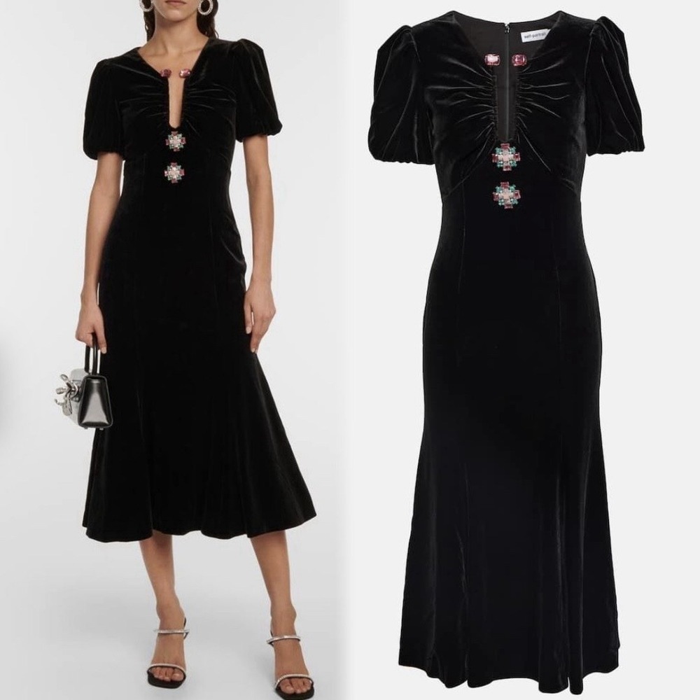 Self-Portrait Crystal Embellished Gathered Velvet‎ Midi Dress Special Occasion 8